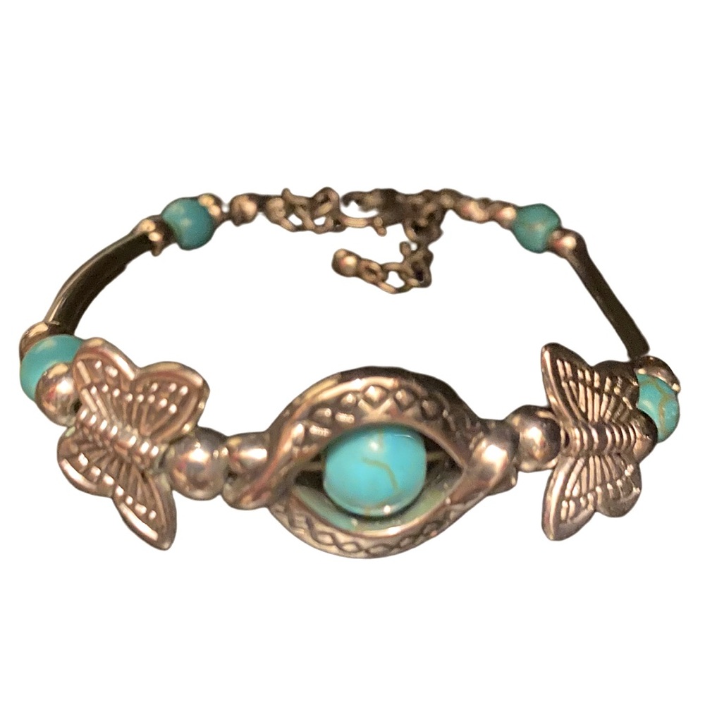 Vintage Zinc Alloy Butterfly & Turquoise Decor Bracelet